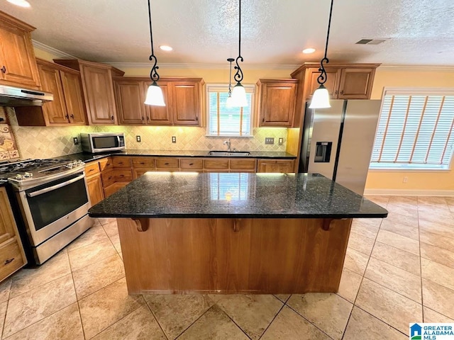 kitchen with crown molding, a textured ceiling, under cabinet range hood, a sink, and appliances with stainless steel finishes