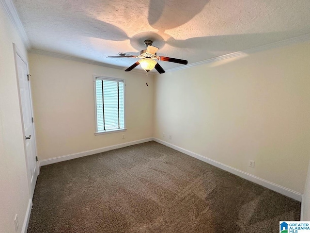 spare room with crown molding, baseboards, a ceiling fan, and a textured ceiling