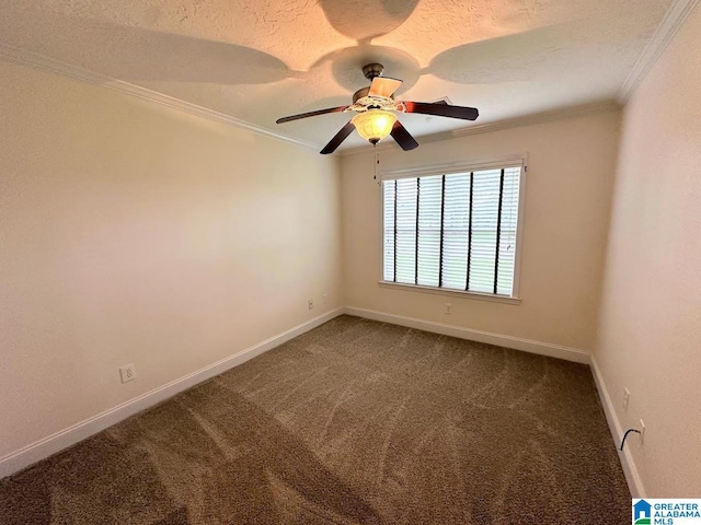 unfurnished room featuring crown molding, baseboards, carpet, and a textured ceiling