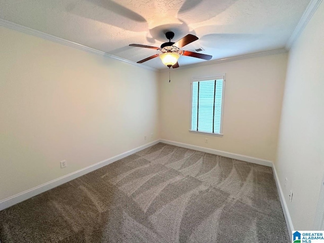 spare room with crown molding, baseboards, light carpet, and a ceiling fan