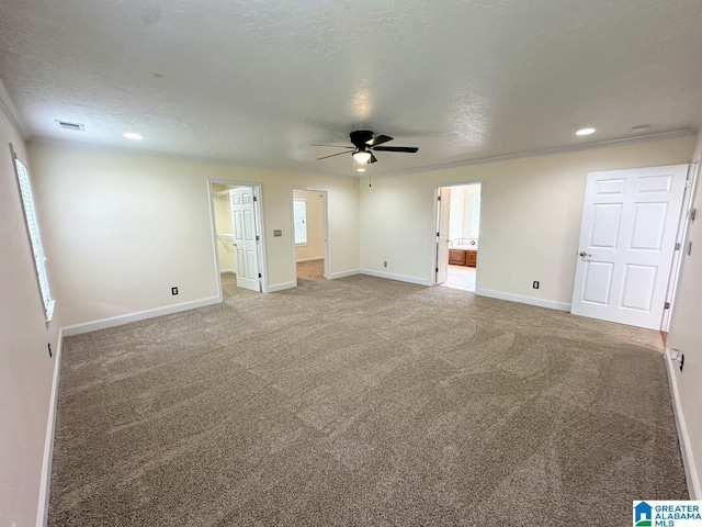 unfurnished room featuring visible vents, baseboards, ceiling fan, recessed lighting, and carpet