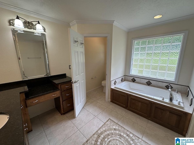 full bath with crown molding, vanity, toilet, and a textured ceiling