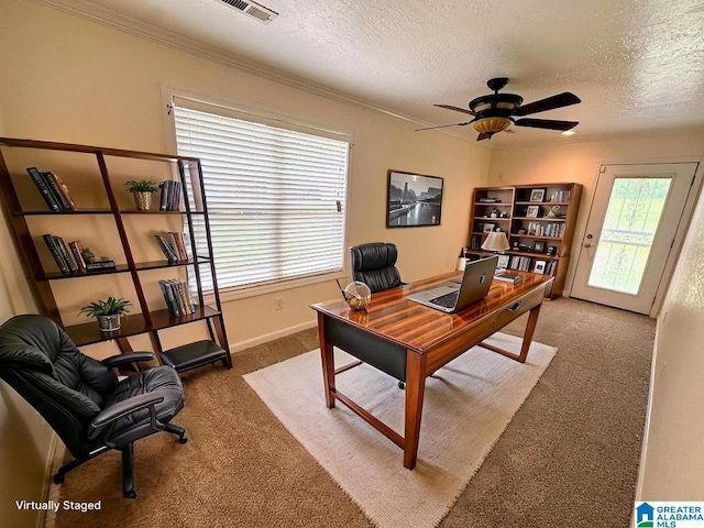 carpeted office featuring crown molding, visible vents, baseboards, ceiling fan, and a textured ceiling