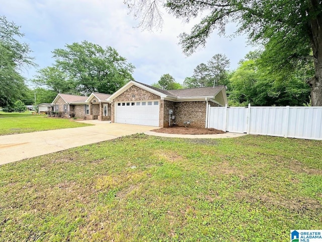 ranch-style house featuring a garage, a front lawn, fence, brick siding, and driveway