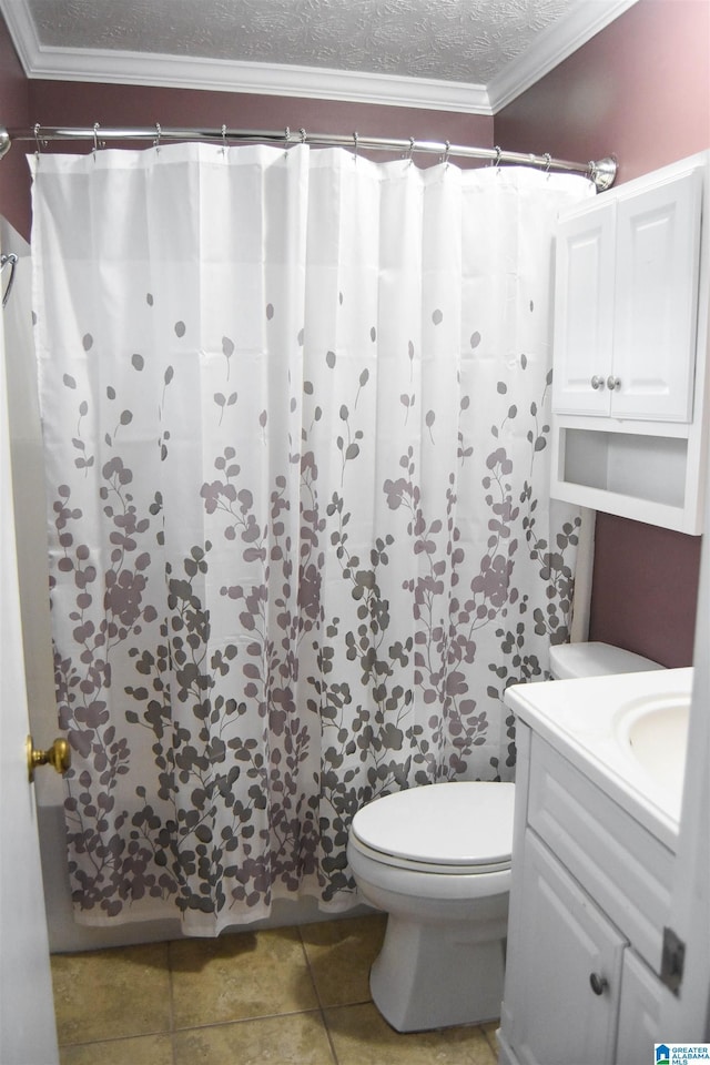 full bath with crown molding, curtained shower, vanity, tile patterned floors, and toilet