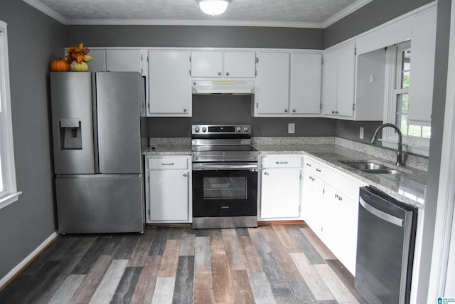 kitchen with wood finished floors, light stone countertops, under cabinet range hood, a sink, and appliances with stainless steel finishes