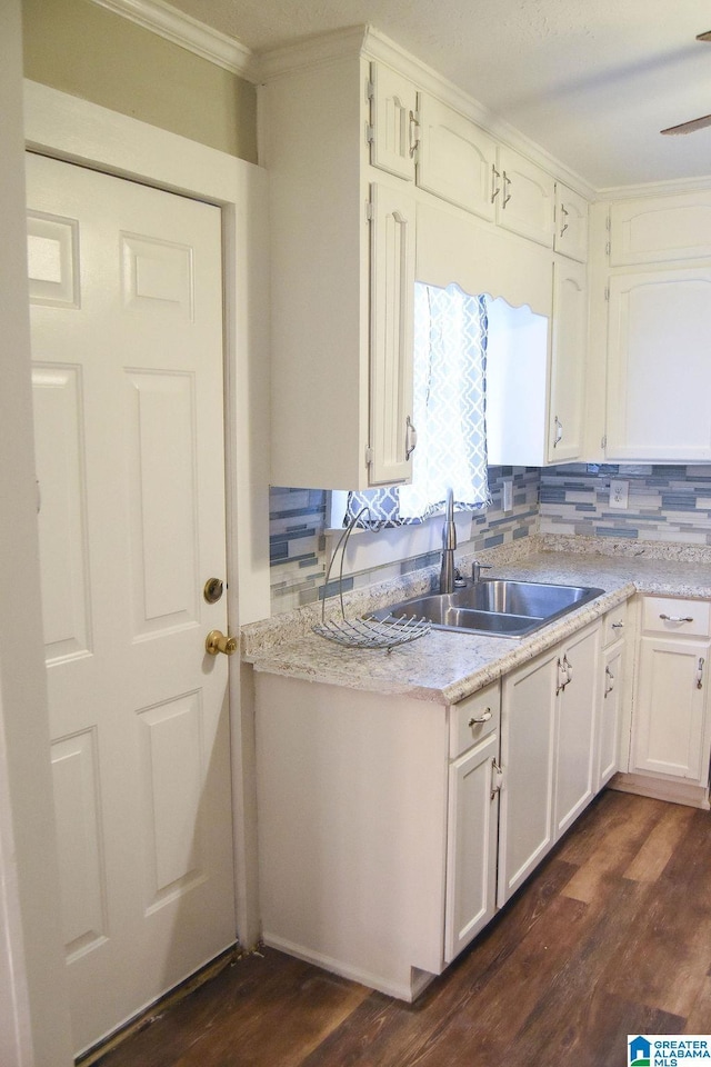 kitchen featuring a sink, dark wood finished floors, tasteful backsplash, and ornamental molding
