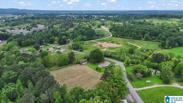 bird's eye view featuring a wooded view