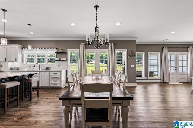 1520 Day Gap Rd, Cullman, AL 35057 - dining area with an inviting chandelier, french doors, recessed lighting, and dark wood-type flooring