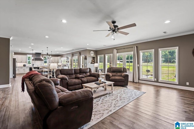 1520 Day Gap Rd, Cullman, AL 35057 - living room with recessed lighting, ornamental molding, a ceiling fan, and visible vents