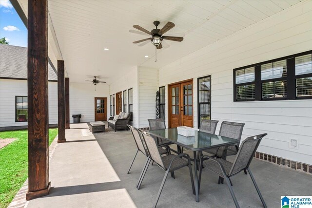 1520 Day Gap Rd, Cullman, AL 35057 - view of patio with ceiling fan, an outdoor living space, french doors, and outdoor dining space