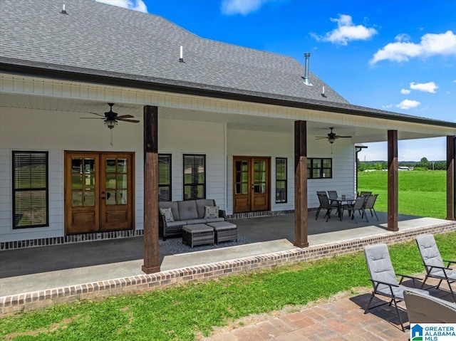 1520 Day Gap Rd, Cullman, AL 35057 - back of property with a patio, a ceiling fan, roof with shingles, and french doors
