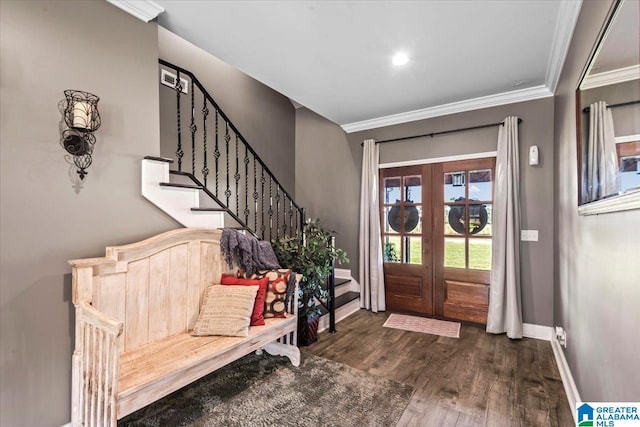 1520 Day Gap Rd, Cullman, AL 35057 - entryway featuring baseboards, dark wood-style floors, french doors, and stairway