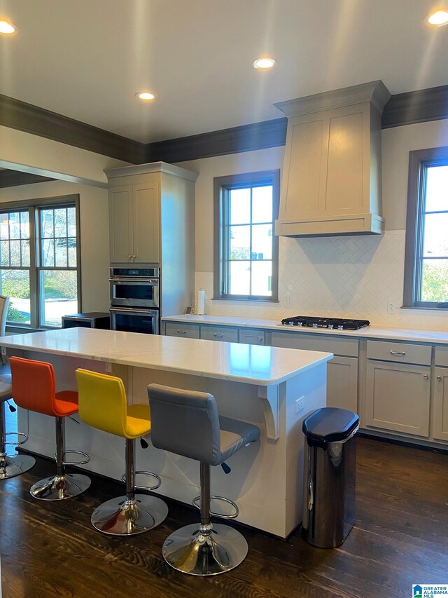 kitchen with custom exhaust hood, a kitchen breakfast bar, dark wood-style floors, light countertops, and appliances with stainless steel finishes