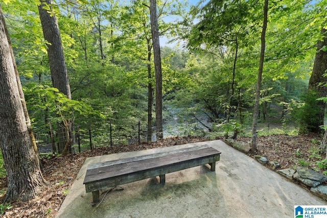 view of property's community with a patio and a view of trees