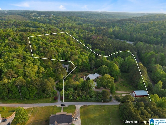 bird's eye view with a wooded view