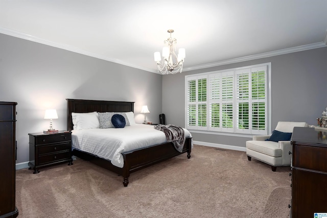 1012 Oak Tree Rd, Hoover, AL 35244 - carpeted bedroom with crown molding, baseboards, and a notable chandelier