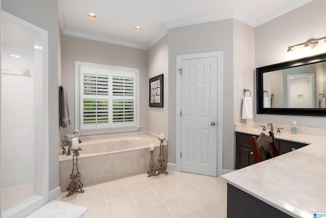 1012 Oak Tree Rd, Hoover, AL 35244 - full bath with vanity, crown molding, tiled shower, recessed lighting, and a bath