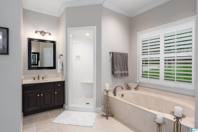 1012 Oak Tree Rd, Hoover, AL 35244 - full bathroom featuring a bath, tile patterned flooring, vanity, ornamental molding, and tiled shower