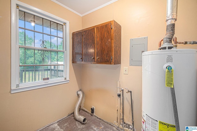 laundry room featuring ornamental molding, electric panel, electric dryer hookup, cabinet space, and water heater