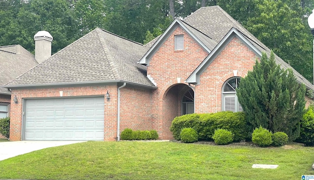 view of front of home with a shingled roof, an attached garage, a front lawn, brick siding, and a chimney