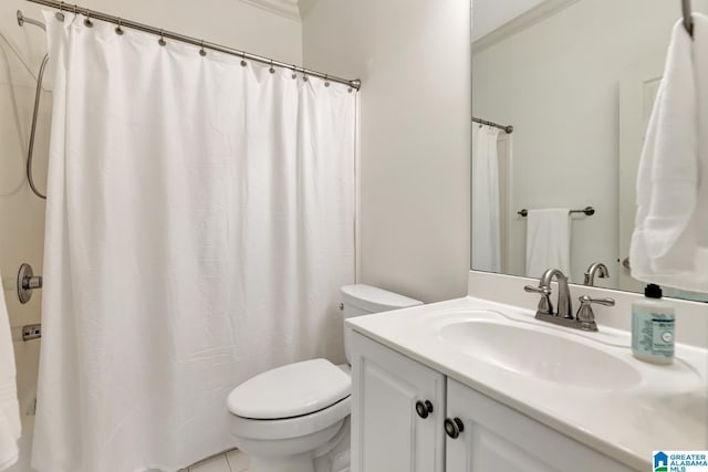 bathroom featuring vanity, ornamental molding, curtained shower, and toilet