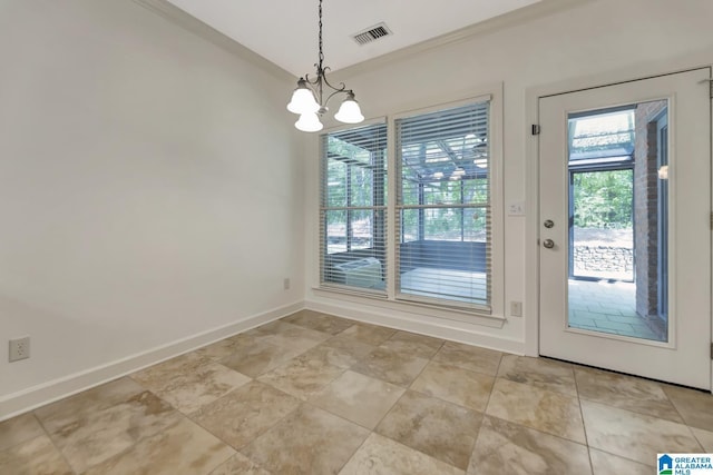 unfurnished dining area with baseboards, a notable chandelier, and visible vents