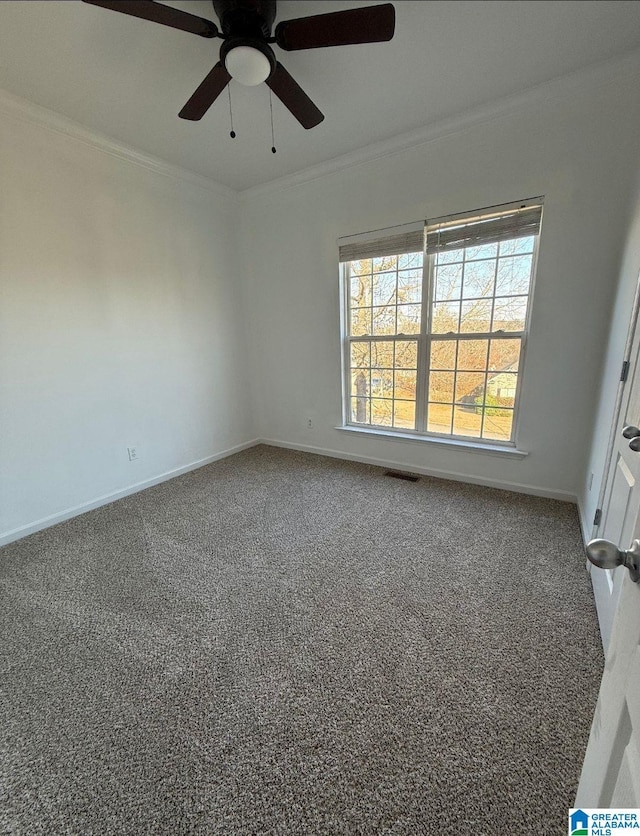 13 Autumn Trce, Odenville, AL 35120 - carpeted empty room featuring ceiling fan, visible vents, ornamental molding, and baseboards