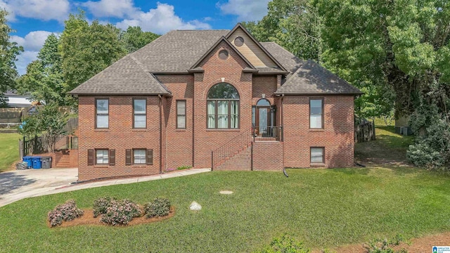 exterior space with brick siding, a front lawn, and roof with shingles