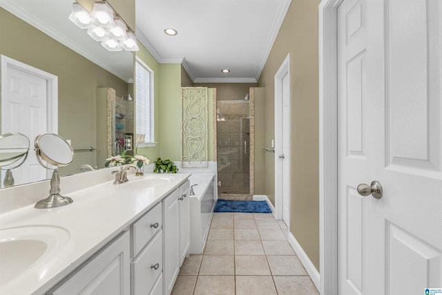 bathroom with tile patterned flooring, a sink, a stall shower, and ornamental molding