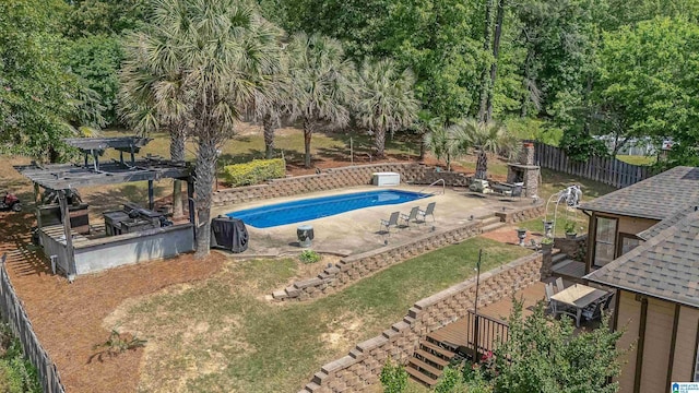 view of pool featuring a pergola, a fenced in pool, a fenced backyard, a patio area, and a lawn