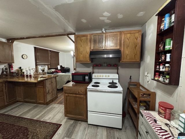 kitchen with under cabinet range hood, brown cabinetry, white electric stove, and light wood-style floors
