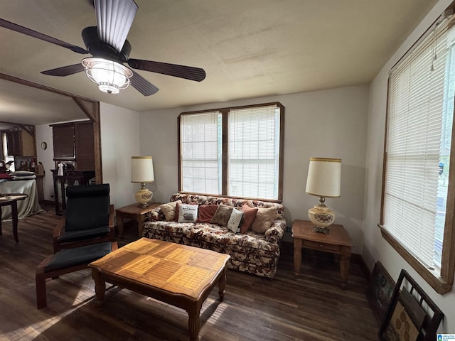 living area featuring a ceiling fan and wood finished floors