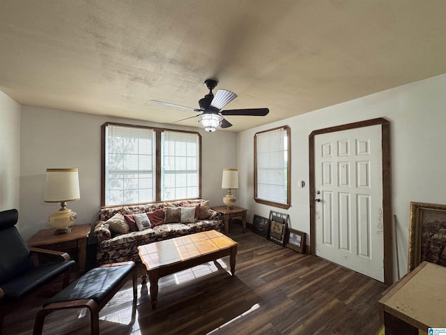 living room featuring ceiling fan and dark wood-style floors