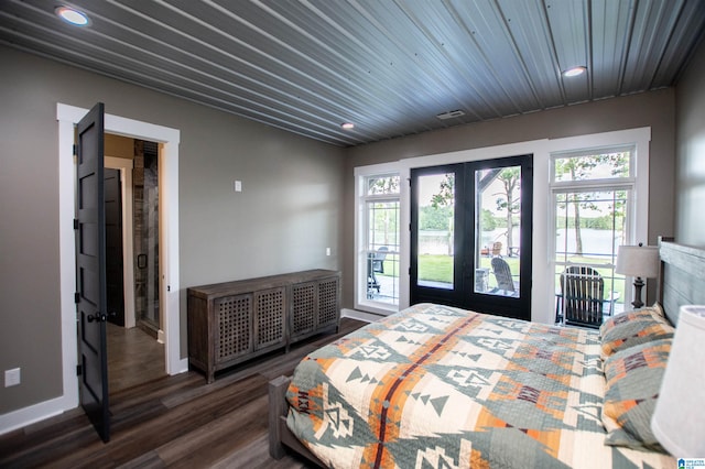 bedroom with baseboards, access to outside, recessed lighting, and wood finished floors