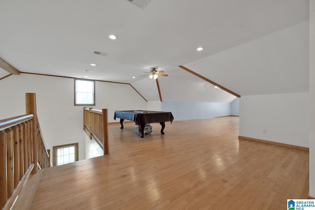 additional living space with visible vents, a ceiling fan, pool table, and vaulted ceiling