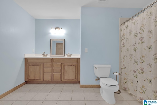full bath with baseboards, a sink, double vanity, and toilet