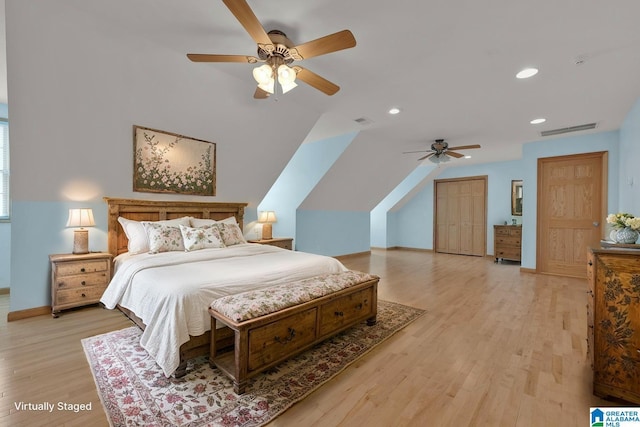 bedroom featuring recessed lighting, baseboards, light wood finished floors, and visible vents