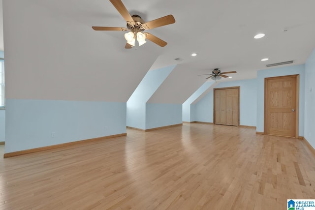 bonus room with visible vents, recessed lighting, light wood-style floors, and ceiling fan