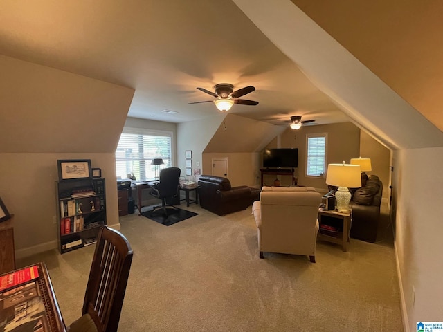 184 Grey Oaks Ct, Pelham, AL 35124 - additional living space with light carpet, ceiling fan, a desk, healthy amount of natural light, and vaulted ceiling