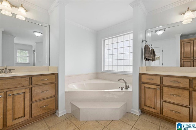 full bathroom with vanity, tile patterned floors, and a garden tub