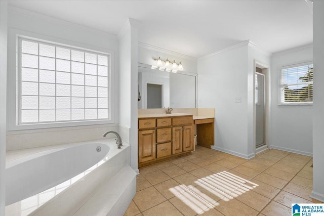 bathroom with crown molding, a stall shower, a bath, and vanity