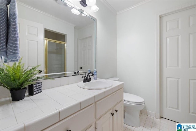 full bath with vanity, ornamental molding, toilet, tile patterned floors, and a shower stall