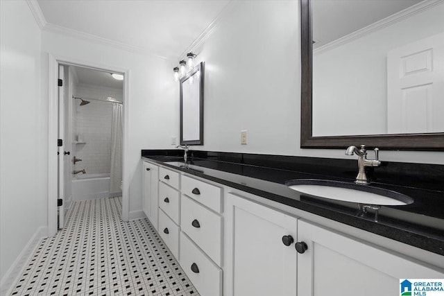 full bathroom featuring crown molding, double vanity, shower / bath combination with curtain, baseboards, and a sink