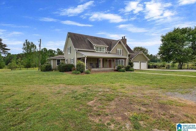 view of front facade featuring a front lawn, a garage, a porch, a chimney, and driveway