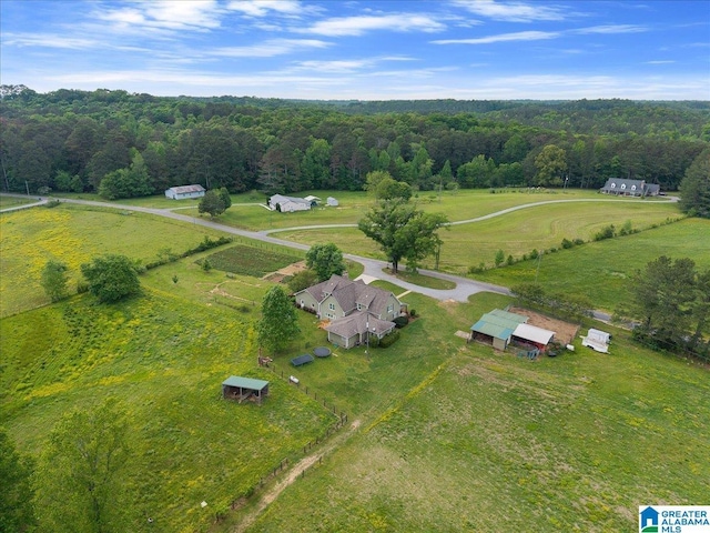 birds eye view of property with a view of trees and a rural view