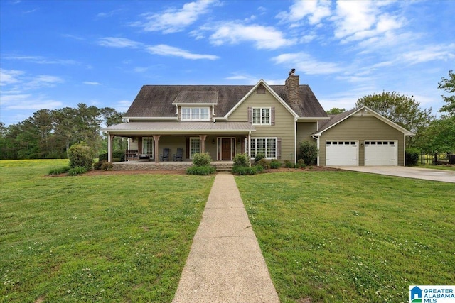 view of front of house featuring a porch, a front lawn, and driveway