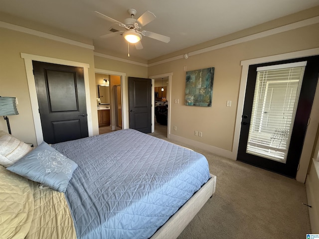bedroom with light carpet, access to outside, baseboards, a ceiling fan, and connected bathroom