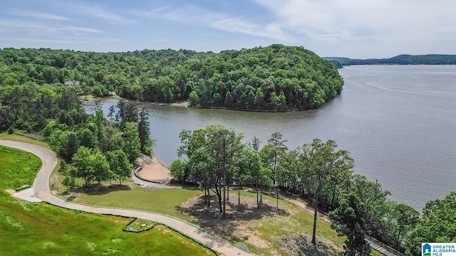 drone / aerial view of a nearby body of water and a heavily wooded area
