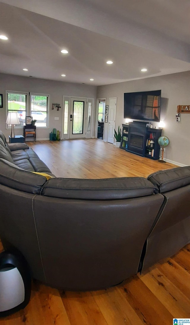 living area with a fireplace, recessed lighting, and wood finished floors